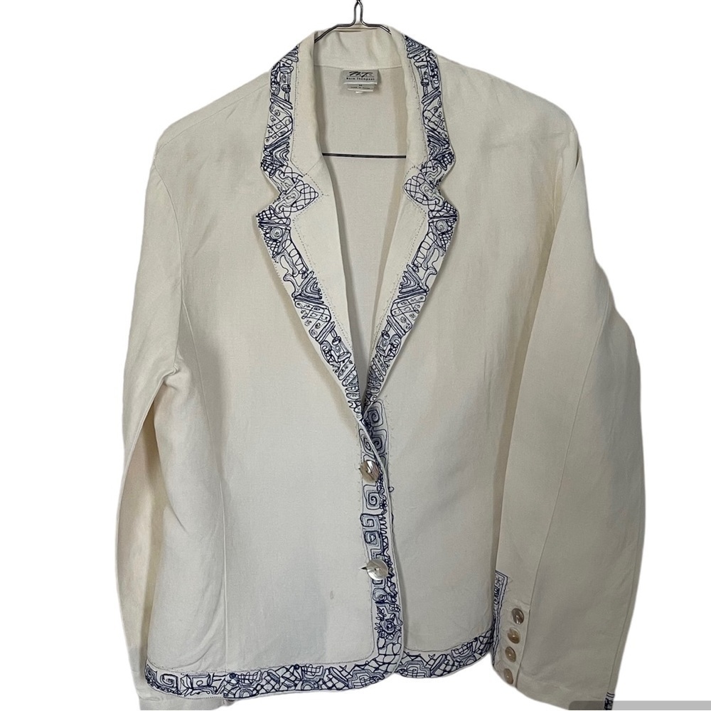 Norm Thompson Jacket Cream Long Sleeves Nautical Embroidery Linen & Silk Size M